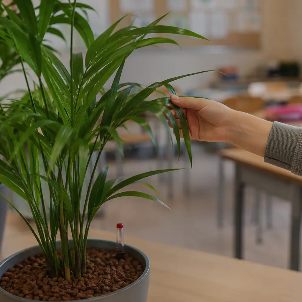Kind mit Goldfruchtpalme in der Schule, Pflanzkonzept für Schulklassen